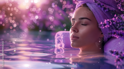 A woman relaxes in a tranquil lavender-scented bath, surrounded by soft purple flowers and ethereal light, epitomizing serene relaxation.