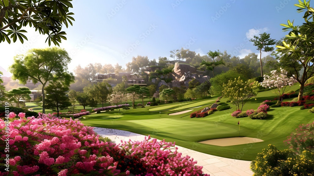 Obraz premium Golf course with multi-level terraces surrounded by flowering picture
