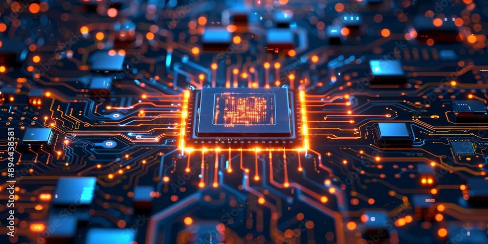 A detailed shot of a spaceage microchip on a glowing circuit board, emblematic of cuttingedge technology A detailed shot of a spaceage microchip on a glowing circuit board, emblematic of cuttingedge technology
