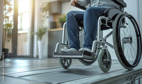 empty wheelchair at top of open ramp leading to home entrance with interior background and person sitting slightly photo
