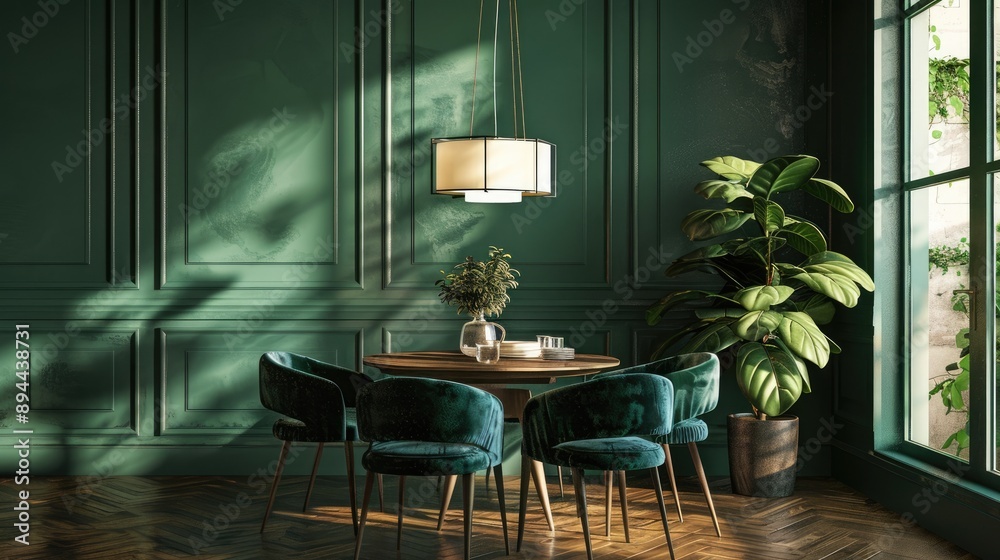 Lamp above chairs and table with plant in green dining room Lamp above chairs and table with plant in green dining room