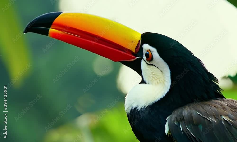 Close-up of a toucan with a vibrant orange and yellow beak, set against a blurred green background Close-up of a toucan with a vibrant orange and yellow beak, set against a blurred green background