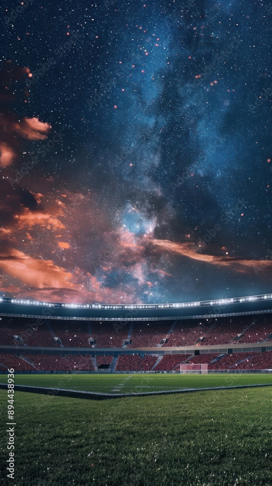 Fototapeta premium Fiery twilight with cosmic beauty over football stadium