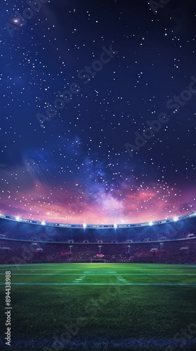 Football field beneath a fiery, vivid, starry night sky photo