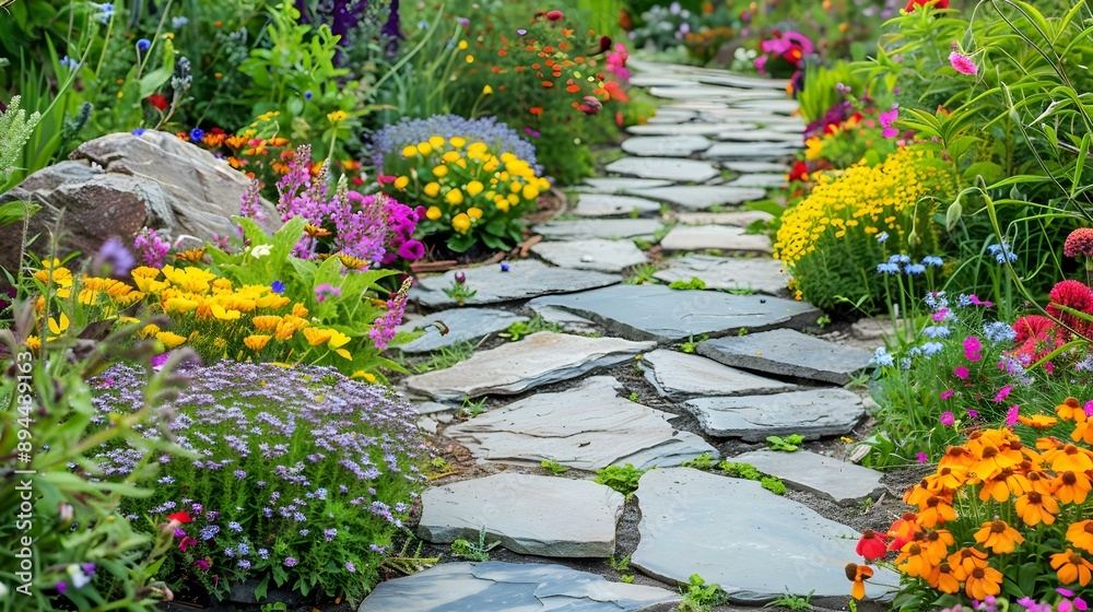 Obraz premium A flagstone path laid through a flowering garden image