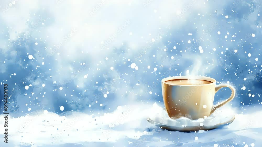 Video of cup of coffee on a white plate on a snowy background. Concept of warmth and comfort, as the cup of coffee is a symbol of relaxation and a break from the cold winter weather Video of cup of coffee on a white plate on a snowy background. Concept of warmth and comfort, as the cup of coffee is a symbol of relaxation and a break from the cold winter weather