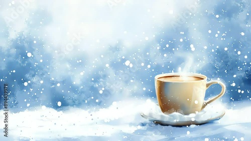 Video of cup of coffee on a white plate on a snowy background. Concept of warmth and comfort, as the cup of coffee is a symbol of relaxation and a break from the cold winter weather