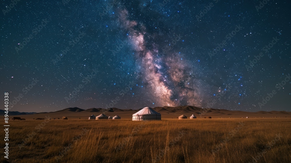 Panoramic Milky Way sweeping over isolated yurt camp