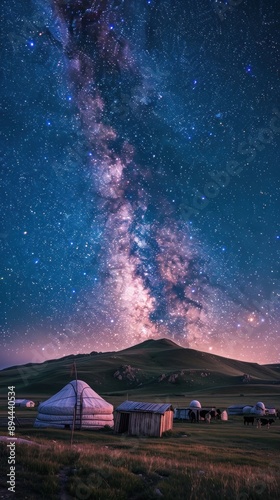 Milky Way Night Sky Over Traditional Yurts and Grazing Animals