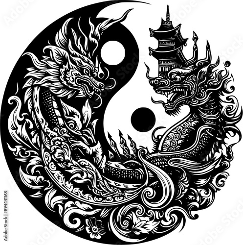 dragon on tample illustration, dragon with yin and yang style