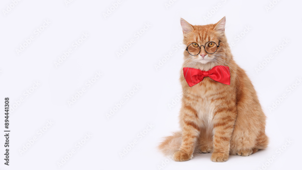 Smart Cat. Orange cat wearing glasses and red bow tie looking at the camera. Perfect for pet-themed content, humorous projects, and advertising materials. Day of knowledge, study, science student Smart Cat. Orange cat wearing glasses and red bow tie looking at the camera. Perfect for pet-themed content, humorous projects, and advertising materials. Day of knowledge, study, science student