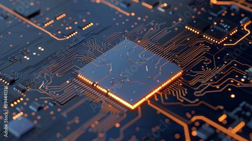 A dark background features an AI chip on a circuit board, with light silver and blue hues and a textural surface treatment. photo