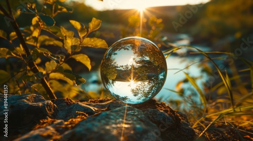 Glass globe in the in nature. Protecting the earth's water resources, environmental protection concept. Sustainable development goals (SDGs) concept 