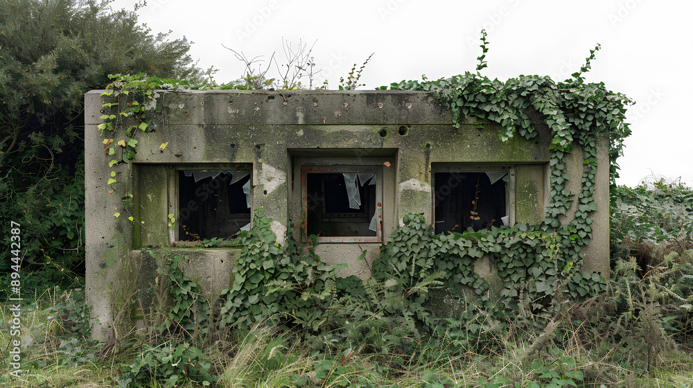 A concrete bunker covered in ivy and overgrown grass, with broken windows on its side, white sky behind it, A concrete bunker covered in ivy and overgrown grass, with broken windows on its side, white sky behind it,