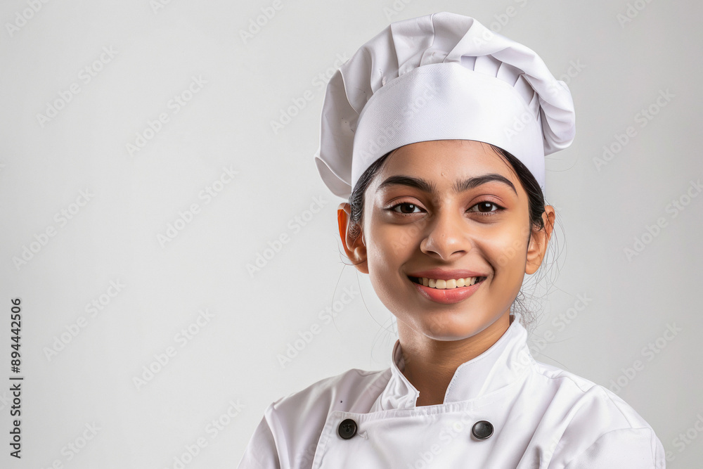 happy indian female chef standing on white background happy indian female chef standing on white background