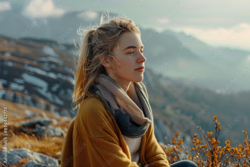 Side view portrait of a woman sitting breathing fresh air in the mountain Side view portrait of a woman sitting breathing fresh air in the mountain