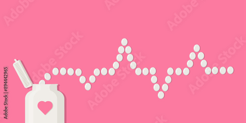 Heart diagram,  cardiogram, heartbeat line, EKG. High pressure medicine pills. Vector Illustration with white pills and medicine bottle on a pink background	