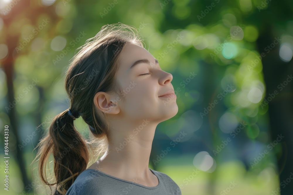 Young woman enjoying fresh air outdoors in green park.