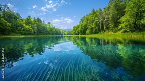 Forest backwater with crystal clear water reflecting img