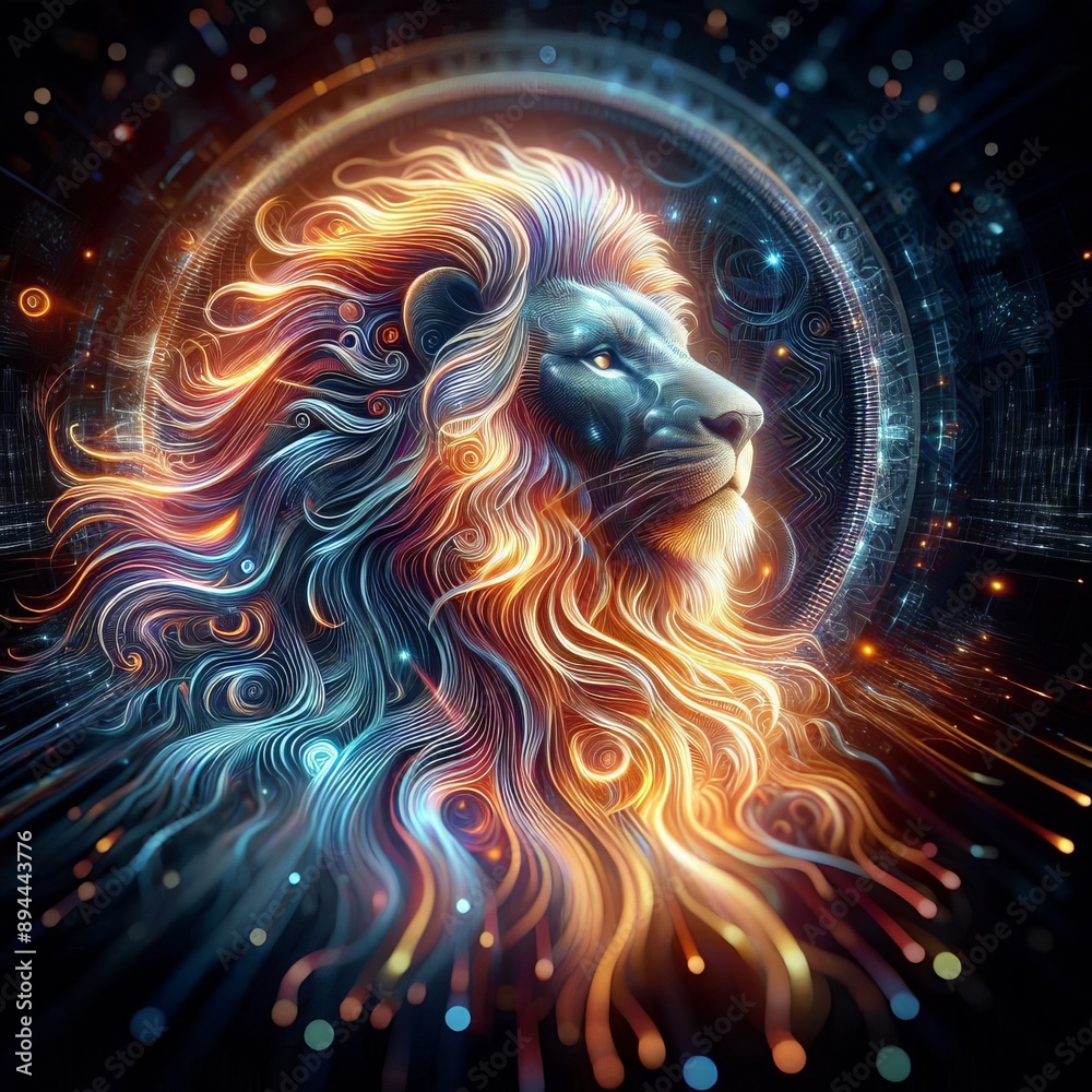 65 16. A holographic illustration of a majestic lion, with a man 65 16. A holographic illustration of a majestic lion, with a man