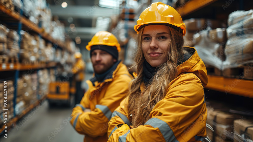 Female warehouse worker in yellow uniform and hard hat, confidently posing with arms crossed in an organized storage facility Female warehouse worker in yellow uniform and hard hat, confidently posing with arms crossed in an organized storage facility