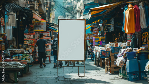 An empty poster frame on a vibrant market street, surrounded by vendor stalls, colorful goods, and busy shoppers.