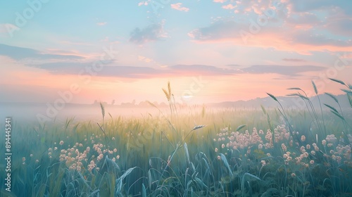 An oat field at dawn when the first picture