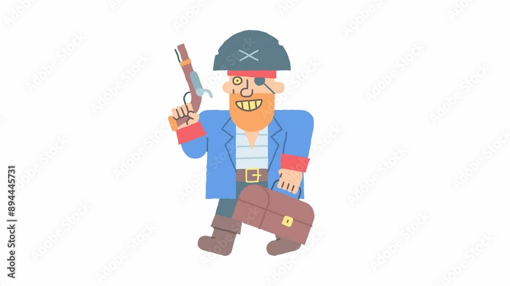 Pirate going holding pistol holding suitcase and smiling. Alpha channel Pirate going holding pistol holding suitcase and smiling. Alpha channel