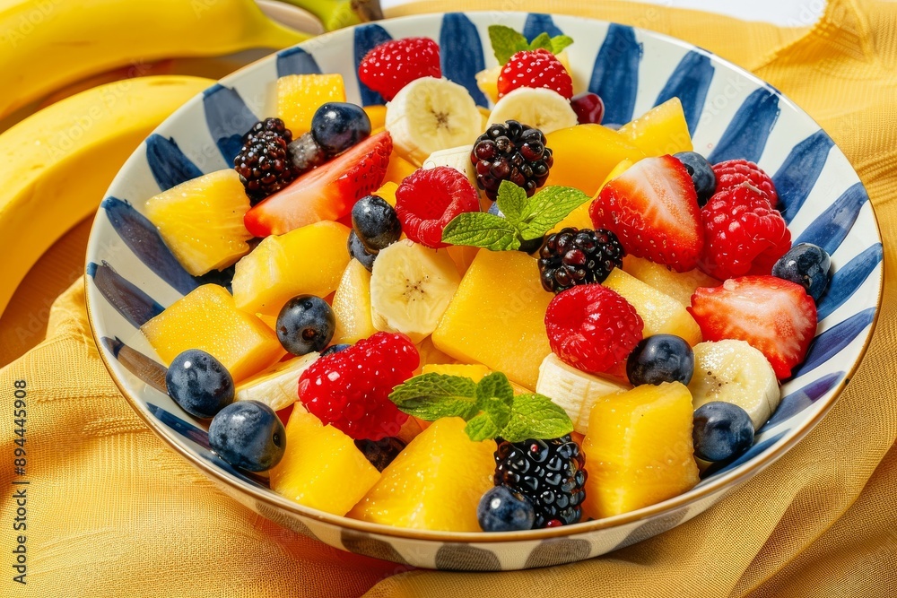 Close-up of a colorful fruit salad in a bowl, featuring a variety of fresh fruits and berries. Beautiful simple AI generated image in 4K, unique. Close-up of a colorful fruit salad in a bowl, featuring a variety of fresh fruits and berries. Beautiful simple AI generated image in 4K, unique.