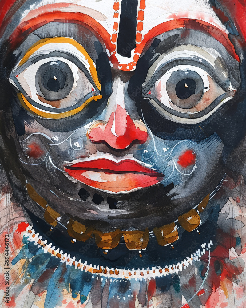 Watercolor close-up painting of Lord Jagannath, with bold blacks, whites, and reds, capturing his wide-eyed and joyful expression.