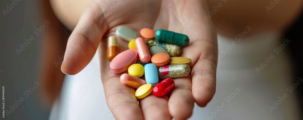 A close-up of a woman's hand holding a daily supplement pack, featuring a mix of capsules and tablets for skin, hair, and overall health. The bright and varied colors of the pills stand out against A close-up of a woman's hand holding a daily supplement pack, featuring a mix of capsules and tablets for skin, hair, and overall health. The bright and varied colors of the pills stand out against