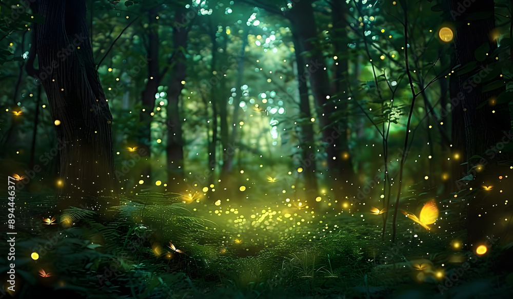 Obraz premium Enchanting forest with glowing fireflies at night