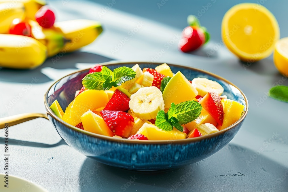 Fresh fruit salad with melon and berries - healthy and delicious snack option for satisfying hunger. Beautiful simple AI generated image in 4K, unique. Fresh fruit salad with melon and berries - healthy and delicious snack option for satisfying hunger. Beautiful simple AI generated image in 4K, unique.