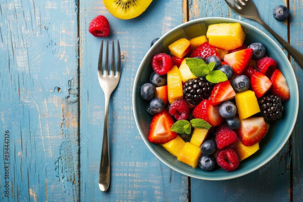 A close-up shot of a colorful fruit salad with a variety of fresh berries, mint leaves, and a light honey glaze. Colorful. 3. Beautiful simple AI generated image in 4K, unique. A close-up shot of a colorful fruit salad with a variety of fresh berries, mint leaves, and a light honey glaze. Colorful. 3. Beautiful simple AI generated image in 4K, unique.