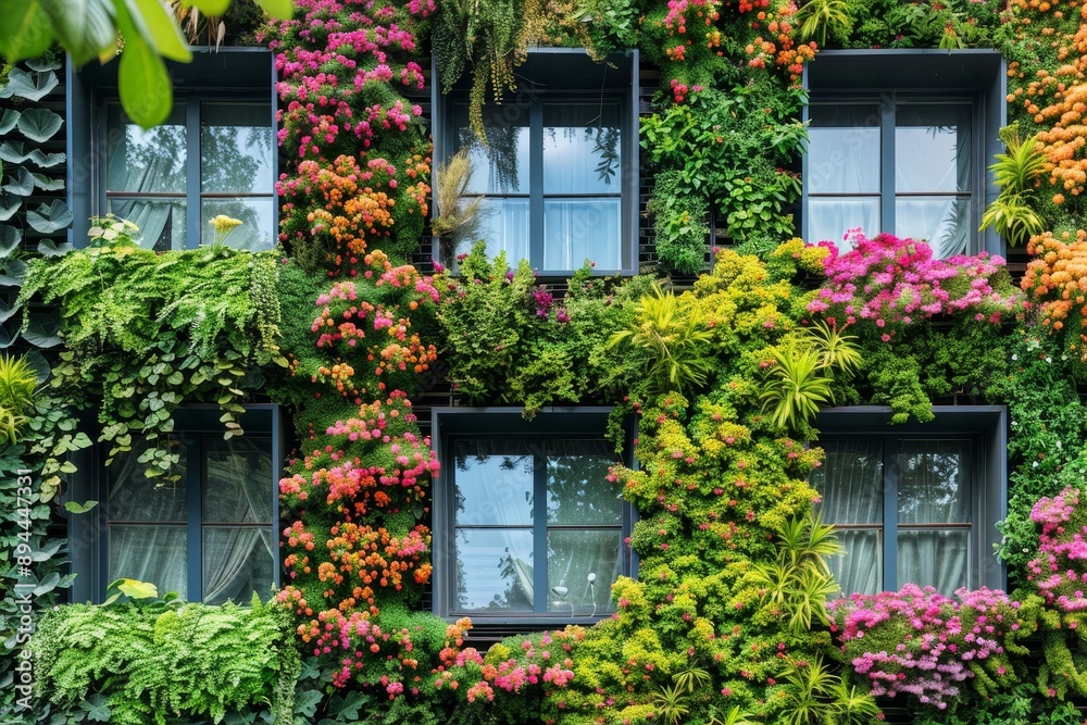 Fototapeta premium Green sustainable building with blooming vertical hanging plants on the exterior