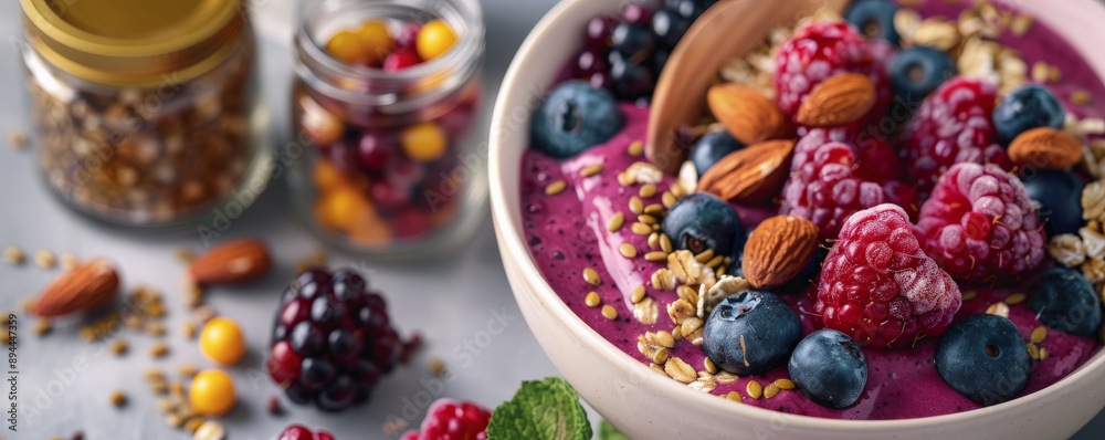 A smoothie bowl topped with a scoop of collagen powder, fresh berries, and nuts, accompanied by a jar of dietary supplements for beauty. The colorful and nutritious presentation underscores the A smoothie bowl topped with a scoop of collagen powder, fresh berries, and nuts, accompanied by a jar of dietary supplements for beauty. The colorful and nutritious presentation underscores the