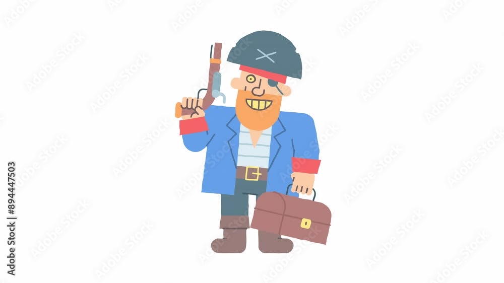 Pirate holding pistol holding suitcase and smiling. Alpha channel Pirate holding pistol holding suitcase and smiling. Alpha channel