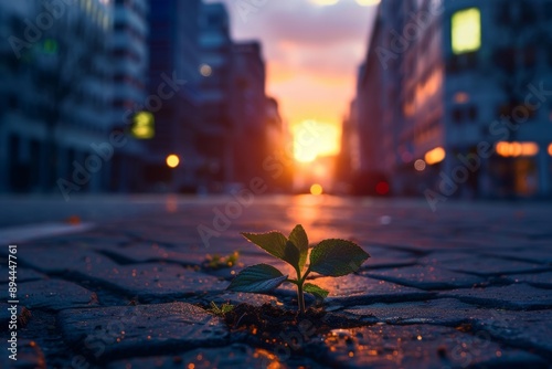 Plant growing from cracked concrete with skyline in the background symbolizes nature taking back the countryside, generative Stock