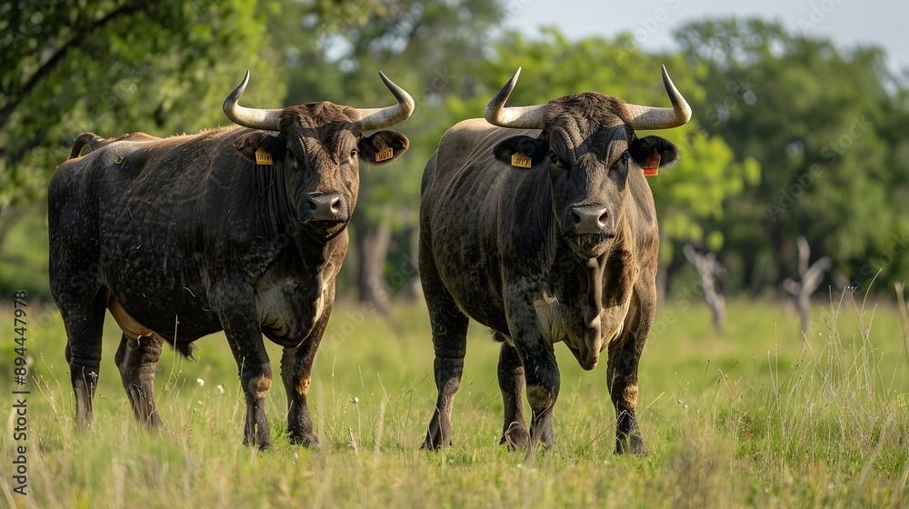 Bulls standing in a spacious pasture with green image Bulls standing in a spacious pasture with green image