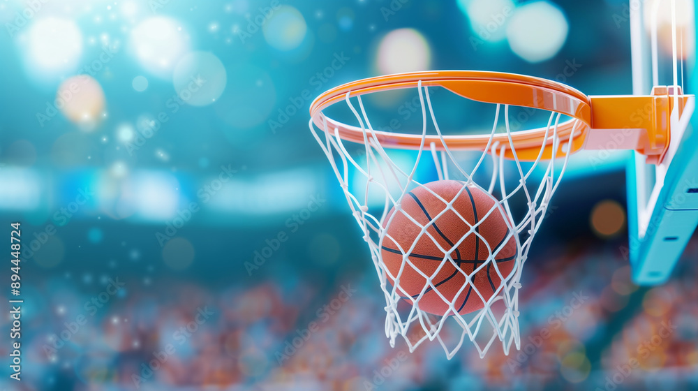 Basketball Game Action with a Ball Looping through the Hoop in a Sportive Atmosphere. Capturing the Excitement of an Indoor Sports Event Basketball Game Action with a Ball Looping through the Hoop in a Sportive Atmosphere. Capturing the Excitement of an Indoor Sports Event