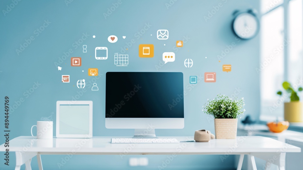 A natural office setting with target audience data and social media icons