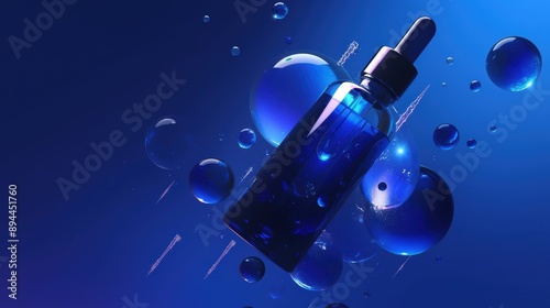 Blue Serum Bottle with Dropper and Floating Spheres