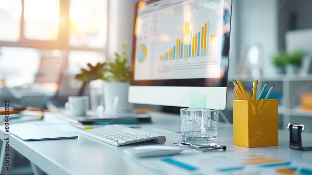 Naklejka premium An office with SEO graphs and business charts, emphasizing content creation