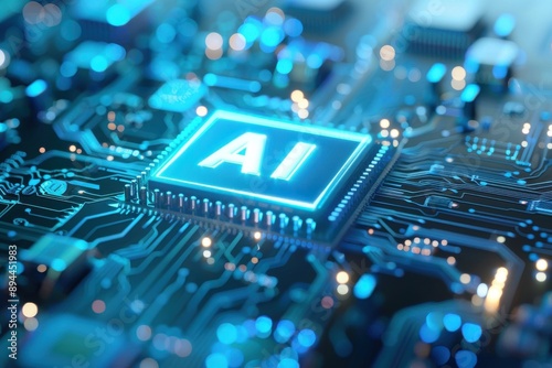 A computer chip with the word AI on it. The chip is blue and has a glowing effect