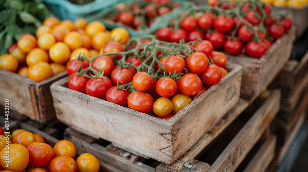 Variety of tomatoes on the farmers market in Sicily, Italy. Big ripe sicilian tomatoes and small cherry tomato in boxes at market stall. Variety of tomatoes on the farmers market in Sicily, Italy. Big ripe sicilian tomatoes and small cherry tomato in boxes at market stall.
