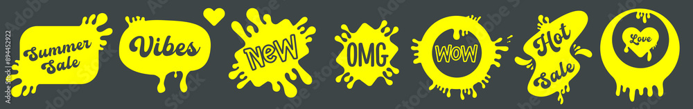 Hello summer, summer sale, hello, OMG, Positive Vibes, Wow, Sale yellow retro sticker set isolated on grey background. Y2k sticker collection with message. Planner and scrapbook patch set Hello summer, summer sale, hello, OMG, Positive Vibes, Wow, Sale yellow retro sticker set isolated on grey background. Y2k sticker collection with message. Planner and scrapbook patch set