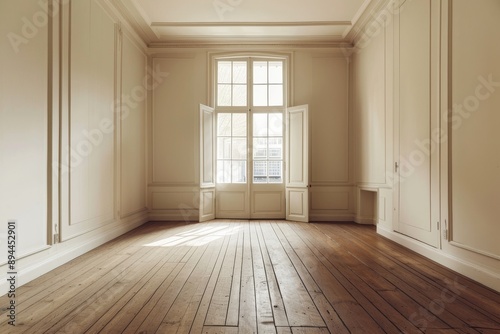 Interior of an empty room with a large window.