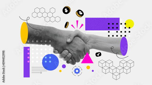 A collage banner with a handshake theme. Human hands make a deal. Handling halftone effect with doodles on grey background with hand drawn texture. Vector trendy illustration