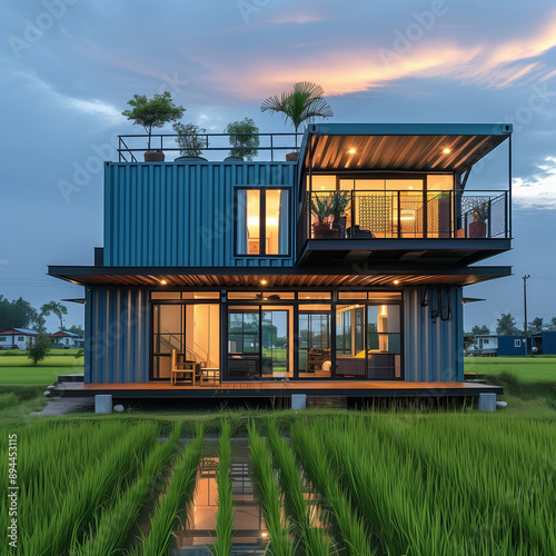 a modern modular home constructed from shipping containers, mobile, house, captivating, Shipping Container Tiny Home, steel containers, supreme quality, superior lighting