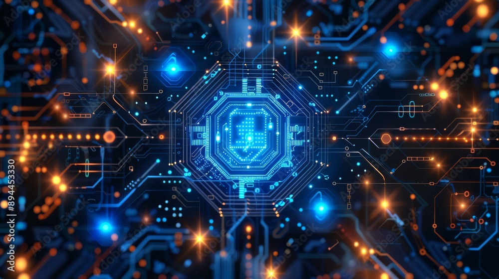 High-tech digital circuit board with glowing blue and orange lights, representing modern technology. High-tech digital circuit board with glowing blue and orange lights, representing modern technology.